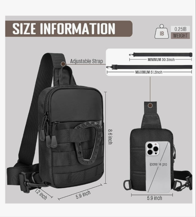Small Sling Bag for Men, Tactical Inspired Waterproof Utility EDC Mini Crossbody Chest Bag for Travel Work Sport