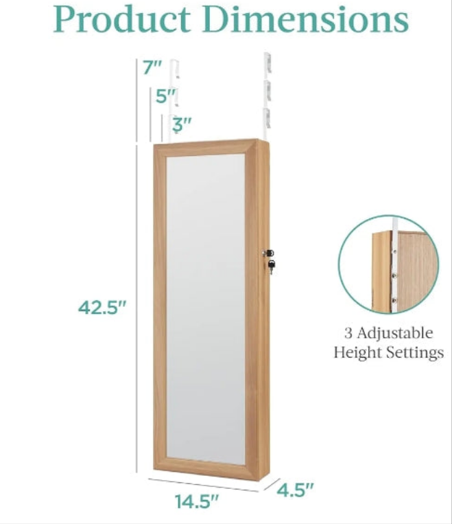 LED Mirror Jewelry Cabinet, Tall Lockable Wall or Door Mounted Jewelry Armoire Organizer with Mirror, 2 Drawers, Lock, Cosmetic Tray, Shelves -