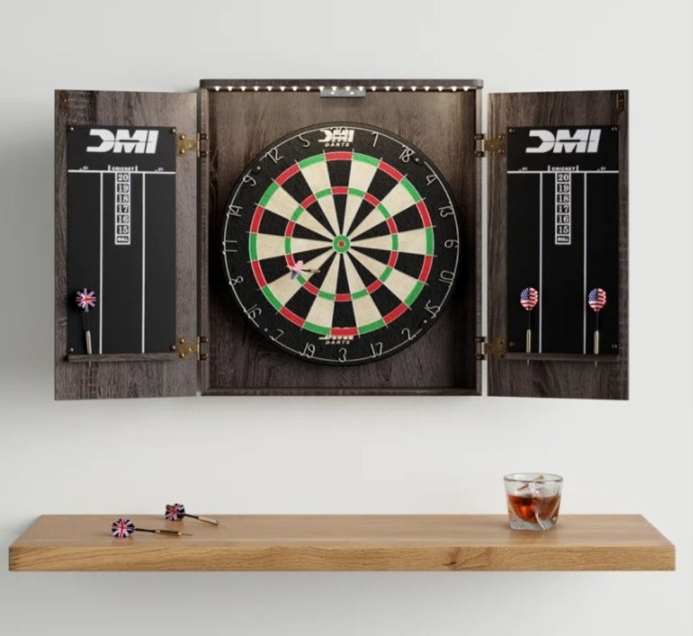 LED Lighted Bristle Dartboard and Cabinet Set with Darts accessories