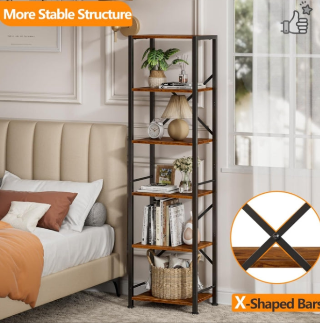 Tall Bookshelf, Narrow Bookcase with 6 Shelves, Modern Freestanding Shelf Units, Metal and Wood Display Storage Corner Rack Organizer for Living Room, Home Office, Hallway, Bathroom