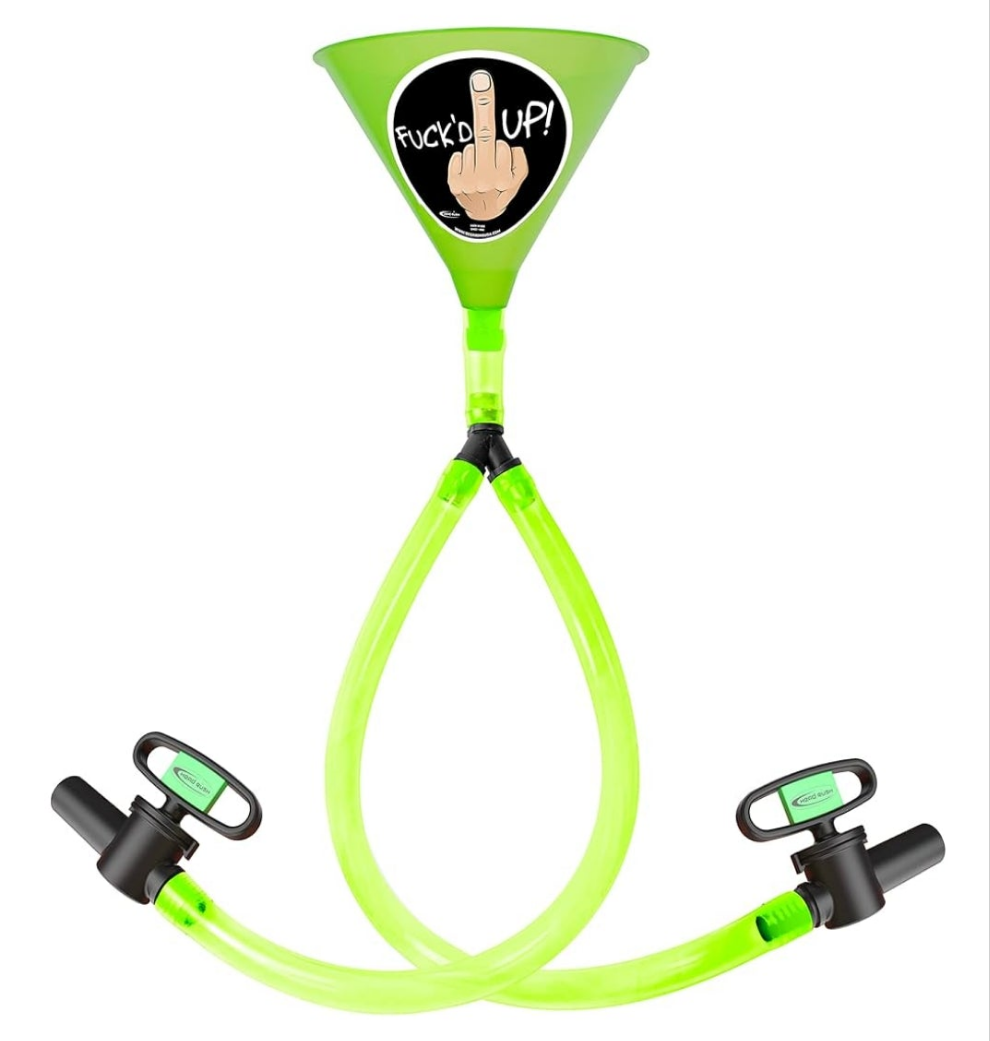 Beer Bong, Double Header 2-Tube, 8" x 6.5" Plastic Funnel with Dual Flexible Hose, 2 2-ft Long Thick Tubes for Parties and Games for Adults