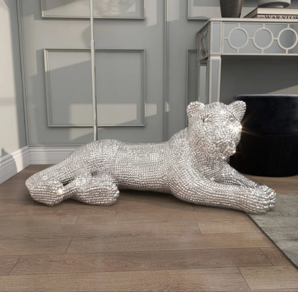 Floor Leopard Decorative Sculpture with Carved Faceted Diamond Exterior