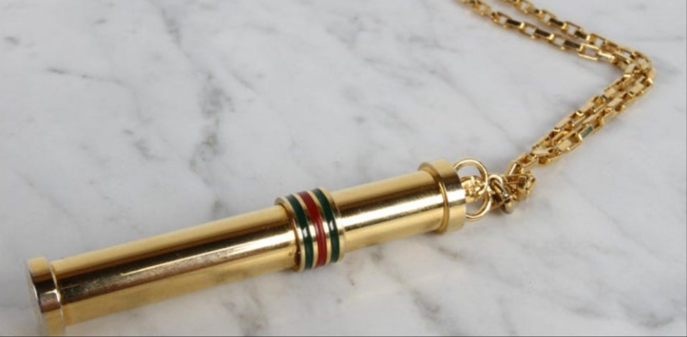 1980s Vintage GUCCI Gold Plated Necklace Perfume Bottle Stick Pendant NOS in Box