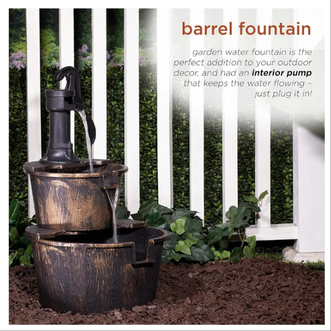 Outdoor Floor Rustic 2-Tiered Barrel and Pump Water Fountain, Old-Fashioned Fountain, 27", Bronze