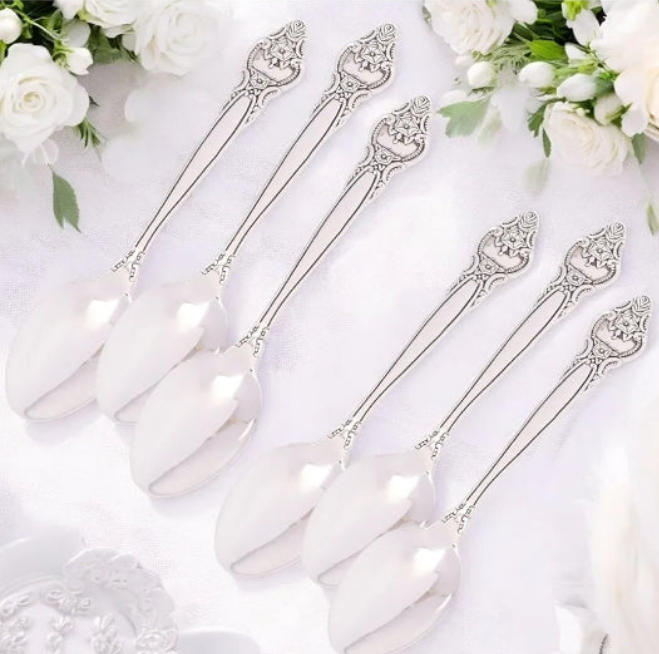 925 Sterling Silver Teaspoon Set - Silver Jewelry Teaspoons - Memorable Gift Set Silverware Utensils - Keepsake Engraveable Plain - Rosette Design, 144 g