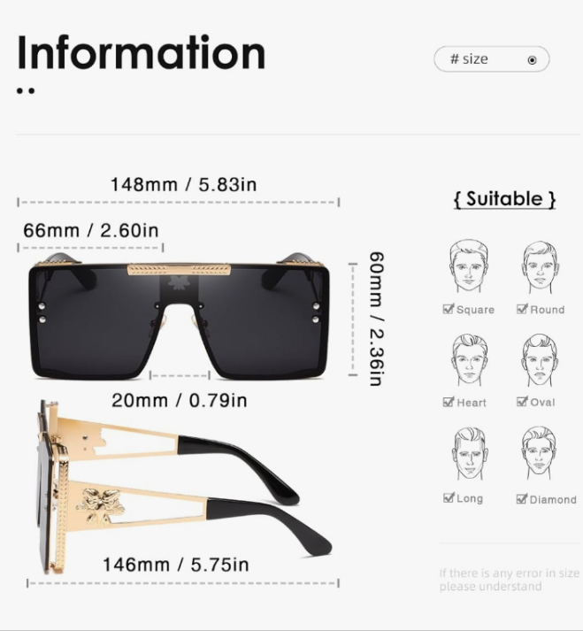 Sunglasses Womens Men Trendy Retro Sun Glasses Oversize Square Metal Frame K1470