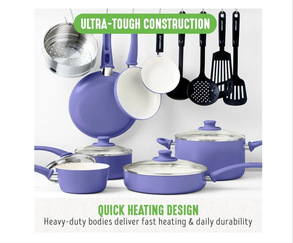 16 Piece Cookware Set, Non-Toxic PFAS-Free Ceramic Nonstick, Frying, Sauce, Saute, Utensils, Glass Lids, Stay-Cool Handles, Wobble Free, Dishwasher & Oven Safe,