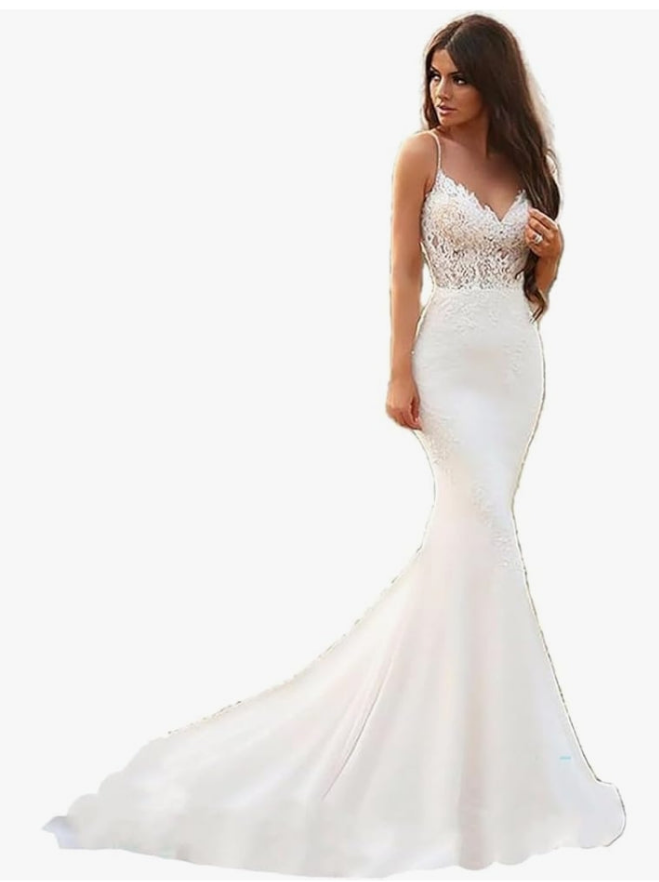 Lace Applique Wedding Dresses for Bride Spaghetti Straps Mermaid V Neck Open Back Bodycon Long Bridal Gown