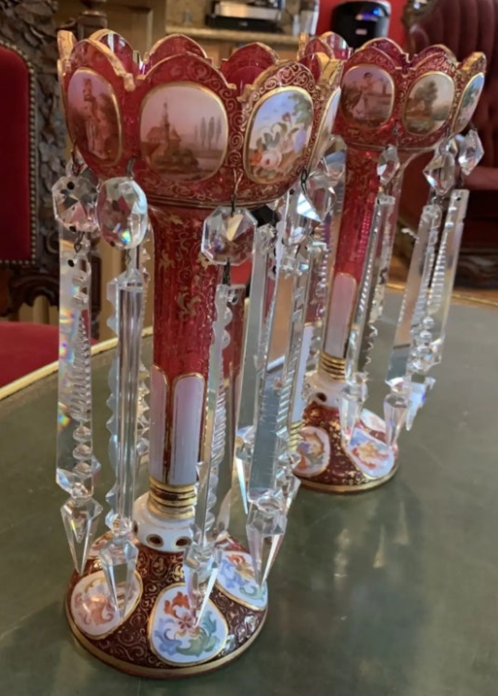 Pair of antique Moser Bohemian cranberry overlay hand painted lusters, circa 1900s cranberry glass