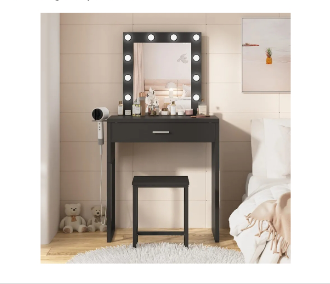 Makeup Vanity Desk with Mirror and Lights, Black Vanity Table and Chair Set, Brightness Adjustable, Small Vanity