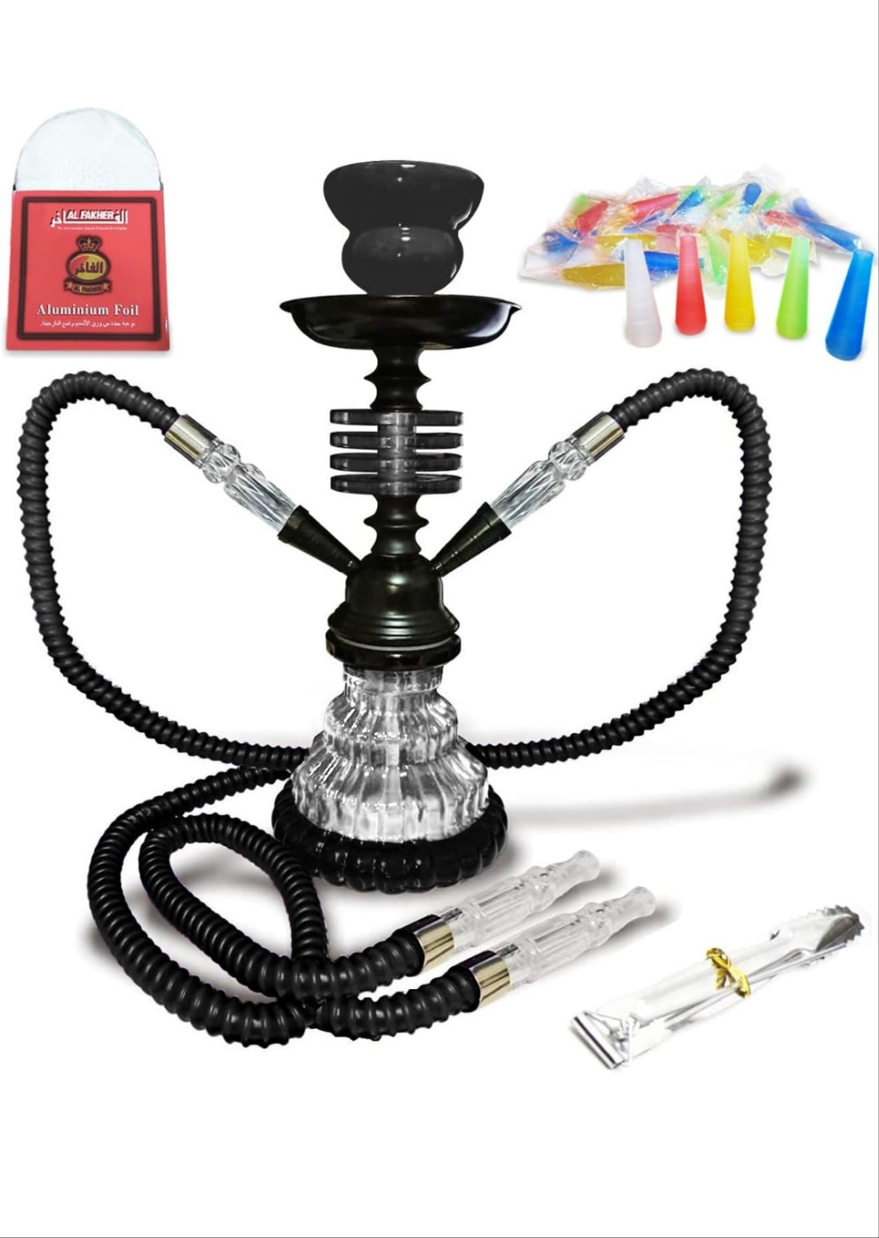 Hookah Set with 2 Hose 11" Premium Portable Mini Hookah Complete Set Hookah Glass Vase with 50 Disposable Tips, 50 Pre-Punched Aluminum Foil Coal Tong (hookah set with accessories)