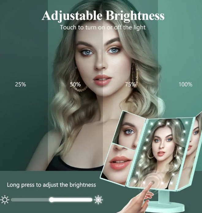 Makeup Mirror Vanity with Lights, 2X 3X 10X Magnification, Lighted Mirror, Touch Control, Trifold Dual Power Supply, Portable LED