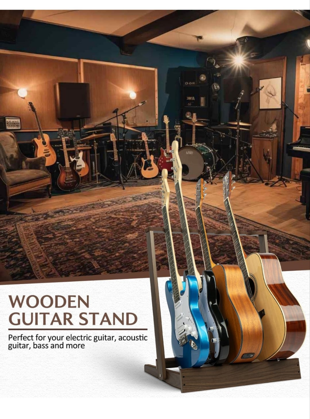 Multiple Guitar Stand, Wooden Folding Guitar Rack for Multiple 3 Acoustic Guitars or 6 Electric Guitar Bass, Padded Floor Guitar Stand for Outing Gigs, Home, Studio, SMT-20-5G