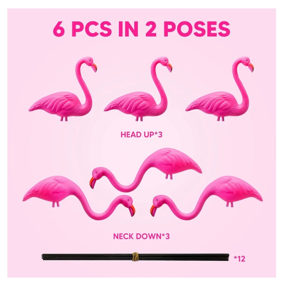 Set of 6 Small Pink Flamingo Yard Ornament Stakes, Mini Lawn Plastic Flamingo Statue with Metal Legs for Sidewalks, Outdoor Garden, Luau Party, Tropical Party Decor, 2 Styles