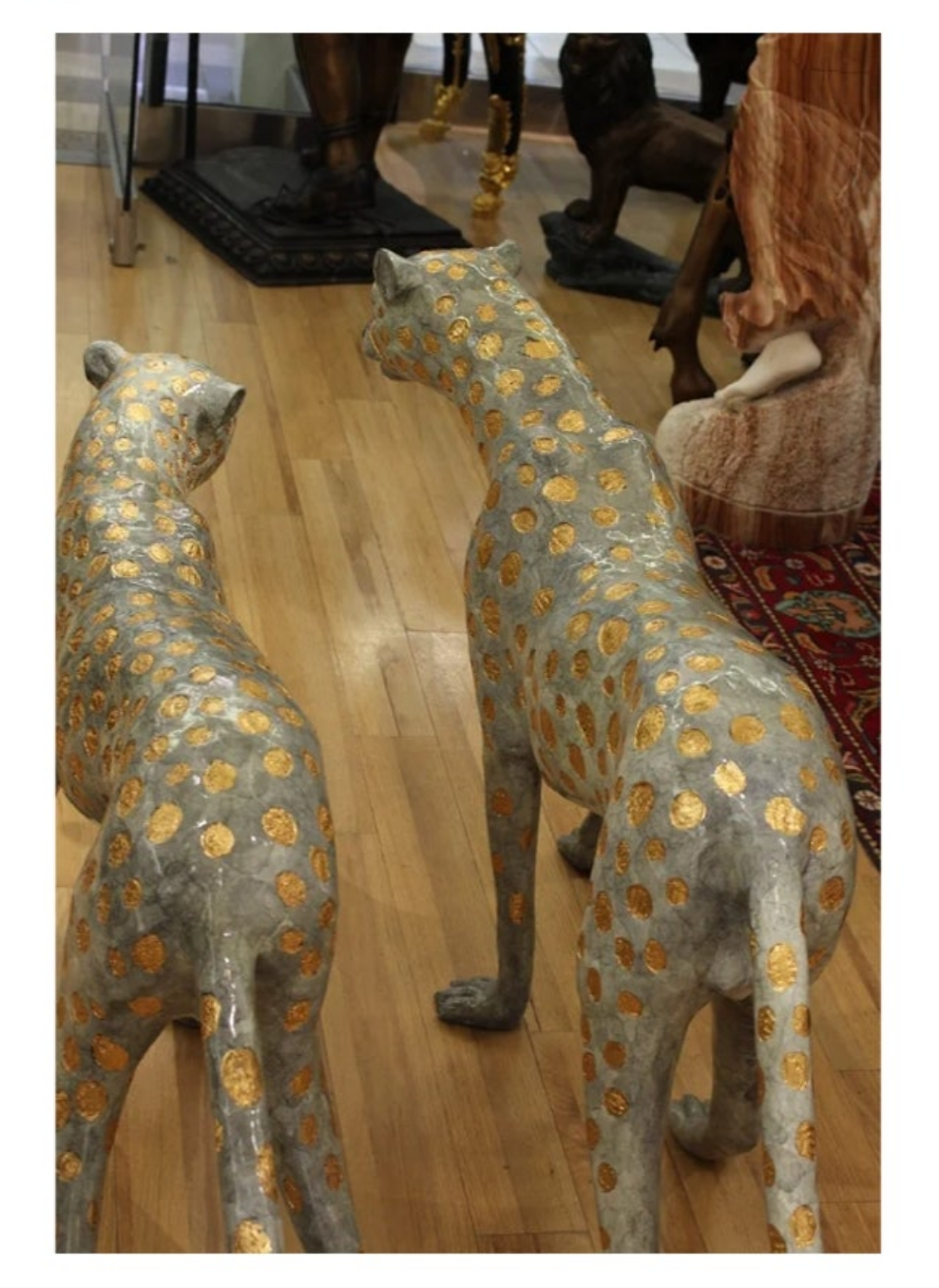 Pair of Golden-Plated Cheetahs Bronze Statue - Size: 58" L x 10" W x 31" H.