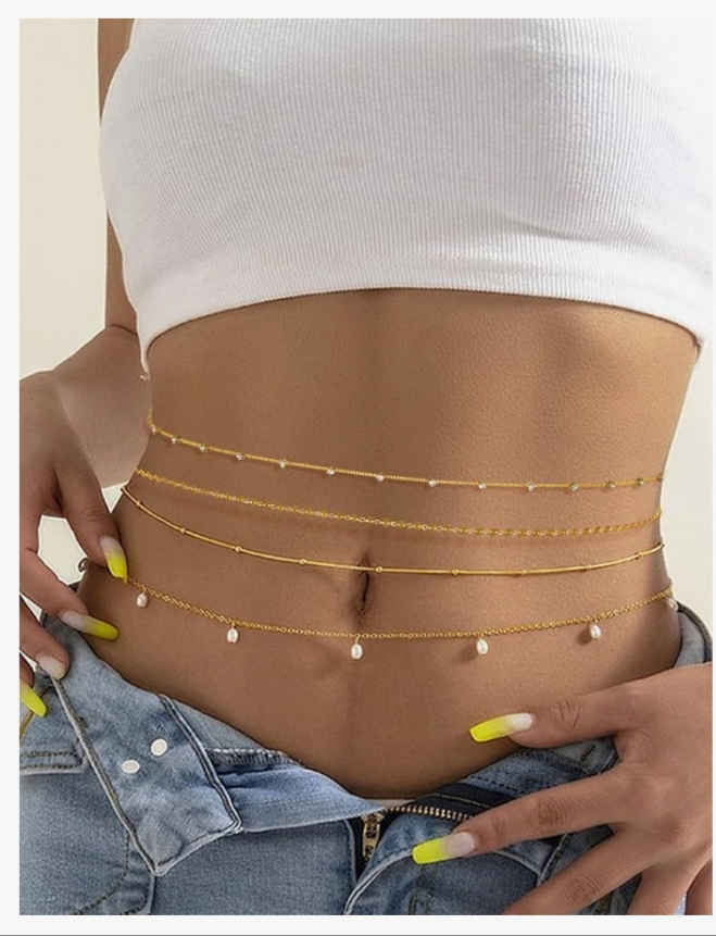 8Pcs Waist Belly Chain 18K Gold Plated CZ Heart Pearl Snake Bead Sequin Paperclip Belly Chain Summer Beach Sexy Body Chains Jewelry Accessories for Women Adjustable