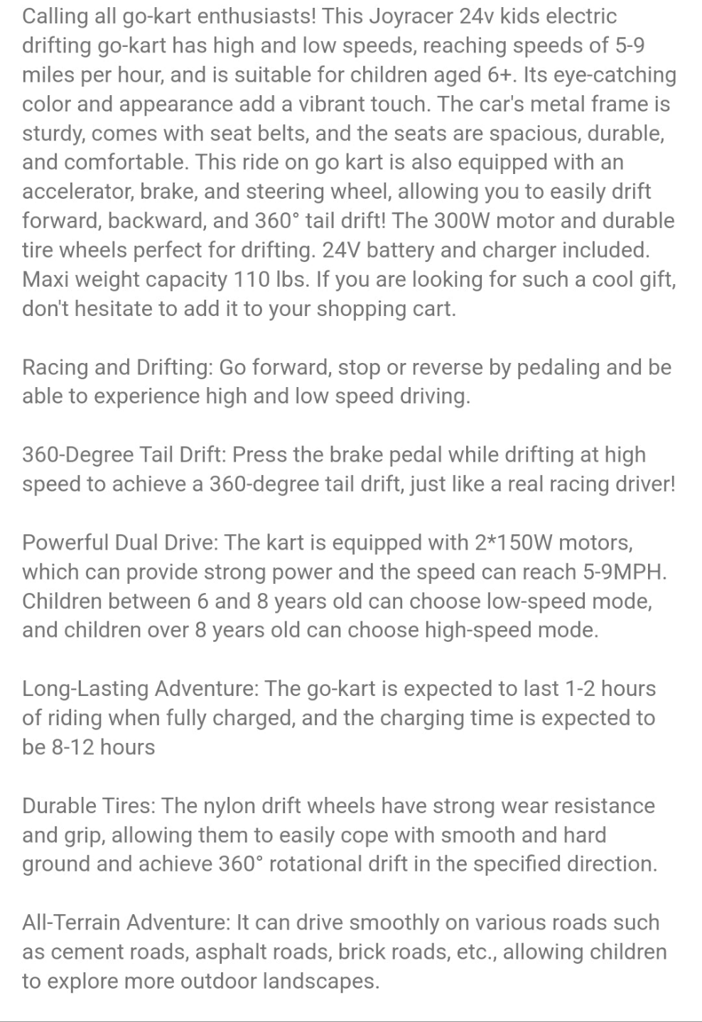 24V Ride On Race Car For Kids, Drift Kart Car W/ 10Ah Large Battery For Ages 6+