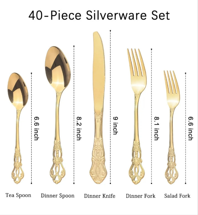 Royal Gold tone Silverware Set With Gift Box For 8 Cutlery Set Utensils Stainless Steel Flatware 40 Pieces MIKIWAY Kitchen Tableware Set For Gifts Festive, Dishwasher Safe, Mirror Polishing