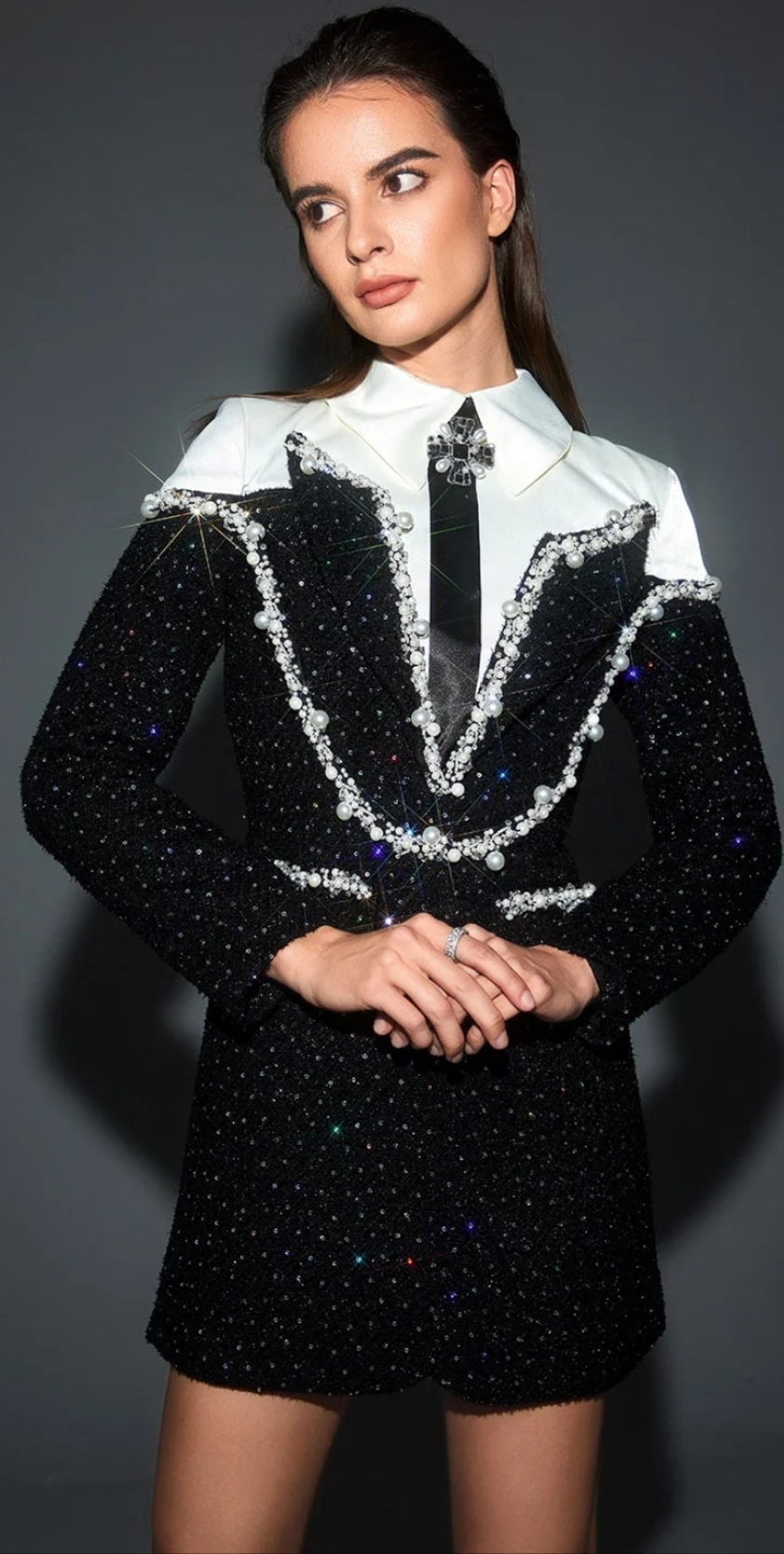 COCOMONEY Shirt Collar Sequin Pearl Decor Mini Dress-Black
