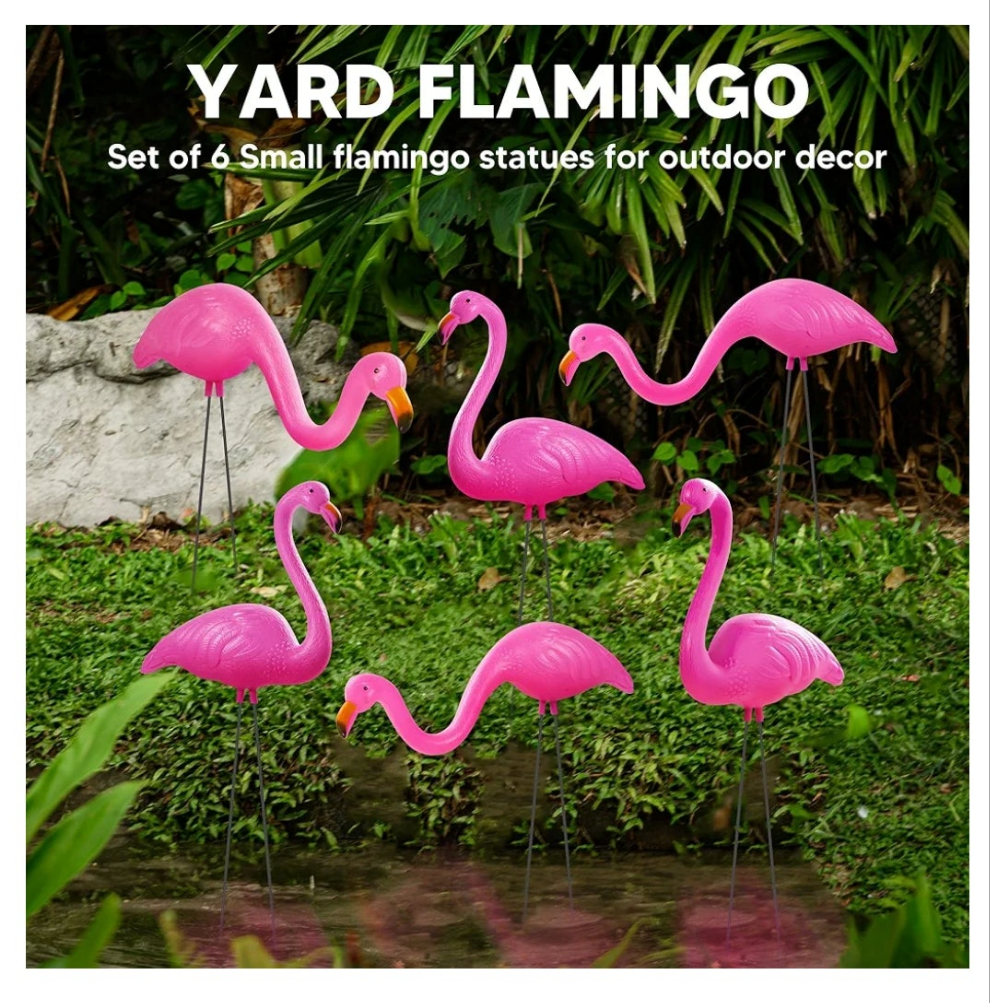 Set of 6 Small Pink Flamingo Yard Ornament Stakes, Mini Lawn Plastic Flamingo Statue with Metal Legs for Sidewalks, Outdoor Garden, Luau Party, Tropical Party Decor, 2 Styles