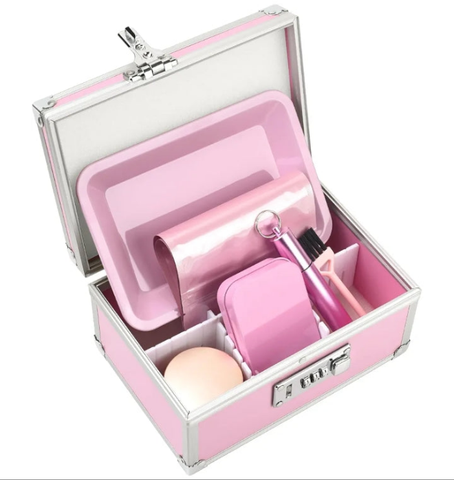 Safe Locking Box With 6 Accessories, Aluminum Medicine Case for Home and Travel,Childproof Pill Box Organizer, Lock box for Valuables, 7.66''x 5.12''x 4.13'' (Pink Set)