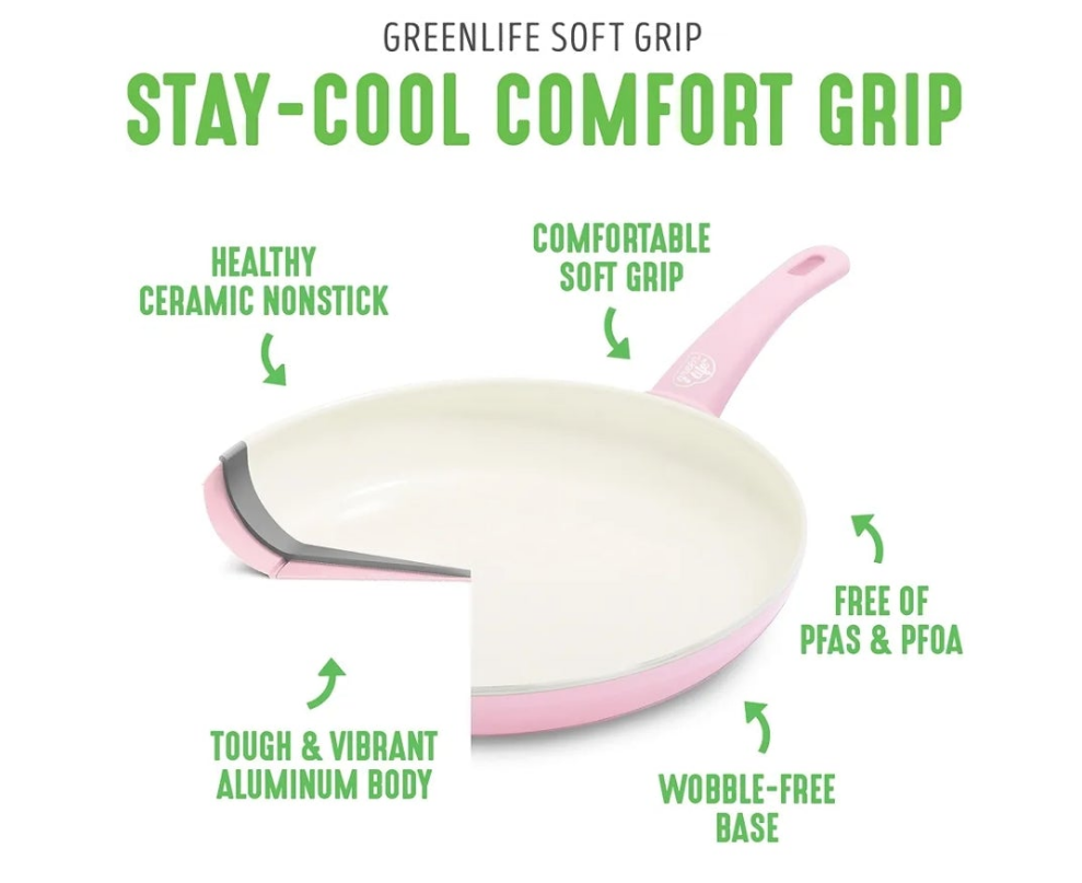 Soft Grip 16 Piece Cookware Set, Non-Toxic PFAS-Free Ceramic Nonstick, Frying, Sauce, Saute, Utensils, Glass Lids, Stay-Cool Handles, Wobble Free, Dishwasher & Oven Safe, Soft Pink