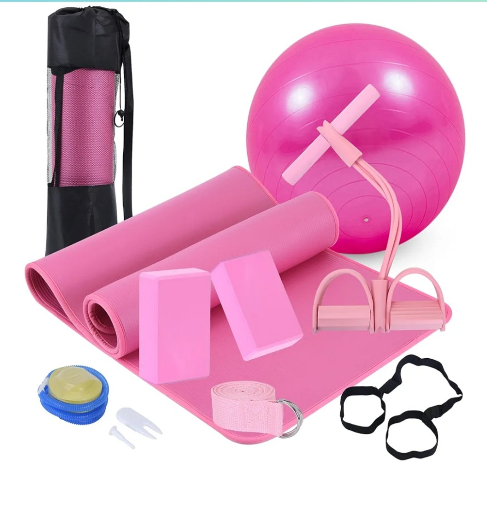 Yoga Mat Set,Yoga Mat with Carrying Strap,Yoga Blocks 2 Pack with Yoga Strap,Yoga Ball,Ankle Puller,11-Piece Yoga Kits and Sets ,Yoga Starter Kit for Women Men kids