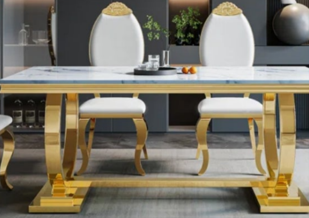 7 - Piece Pedestal Dining Set Faux Marble and Stainless Steel Fancy