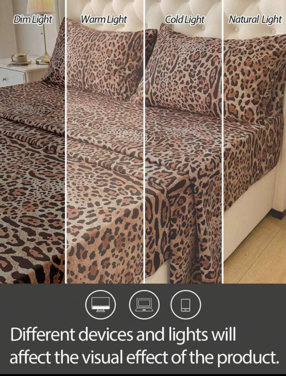 4pcs Polyester Leopard Print Bedding Set (2 Pillowcases+1 Flat Sheet+1 Fitted Sheet)