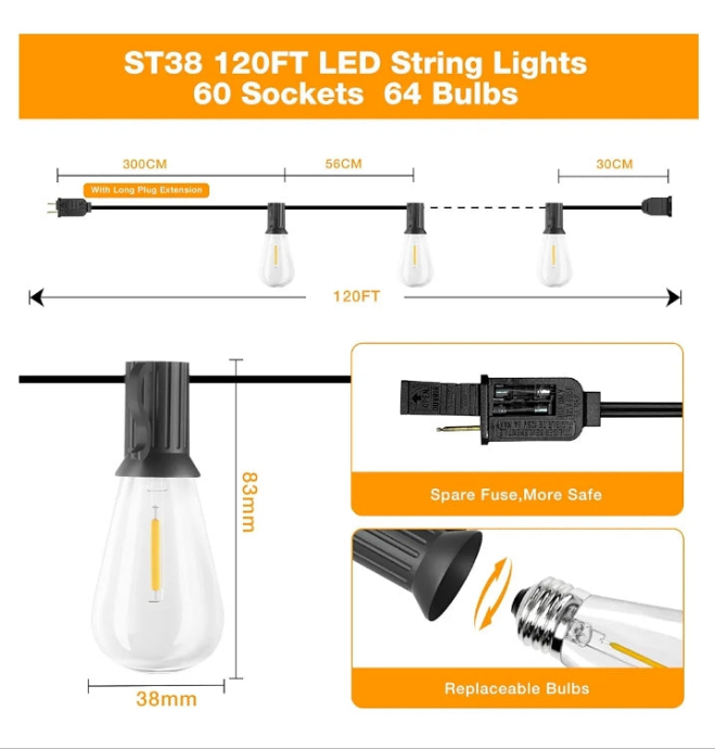 120FT Vintage Edison Bulb LED String Lights - Waterproof, Shatterproof Patio Lights for Backyards, Patios, Bistros - Dimmable, Connectable