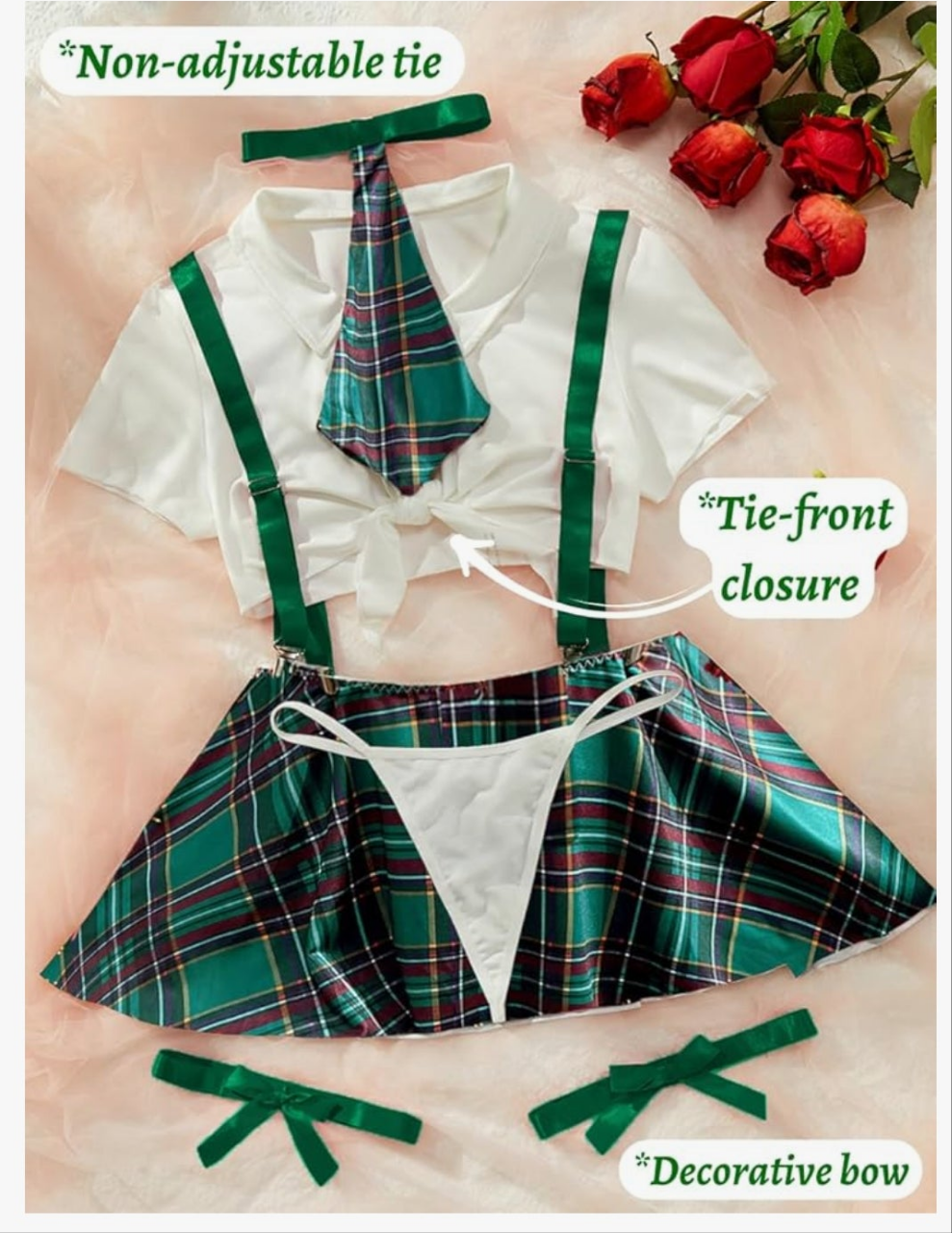 5 Piece Cosplay Costumes For Women,Halloween Lingerie Outfits,Tie Crop Top & Plaid Skirt Set