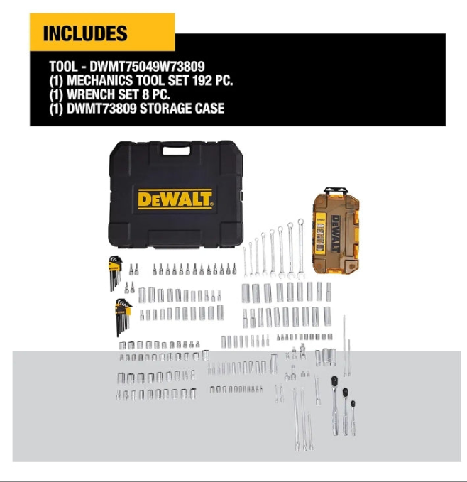 Mechanics Tool Set, SAE and Metric, 1/2, 1/4, 3/8 Drive Sizes, 192-Piece