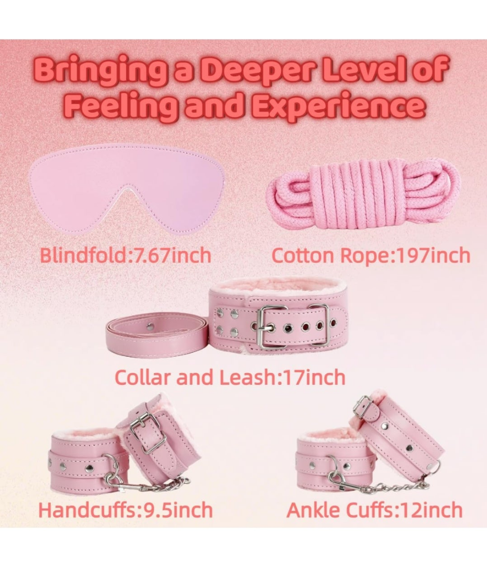 Sex Bondage Restraint Kits BDSM Toys 12 Pcs Handcuffs Ankle Cuffs Anal Plug Nipple Clamps Ball Gag Blindfold Rope Leather Restraints Set Adjustable for Adult Beginners (Pink)