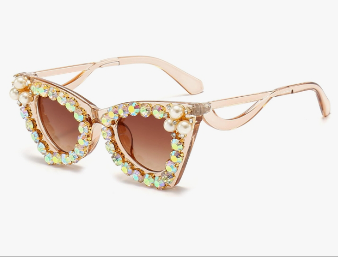 Sparkling Crystal Cat Eye Sunglasses Women Square Rhinestone Pearl Sun Glasses Party Diamond Bling Punk Eyewear