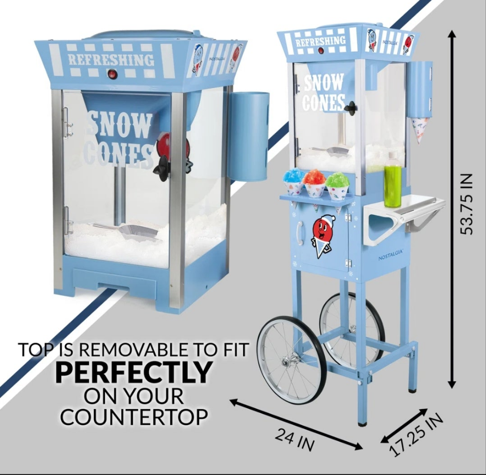 Tall Snow Cone Cart, Makes 72 Icy Treats, Includes Metal Scoop, 2 Syrup Bottles, 100 Paper Cups/Spoons, Storage Compartment, Wheels For Easy