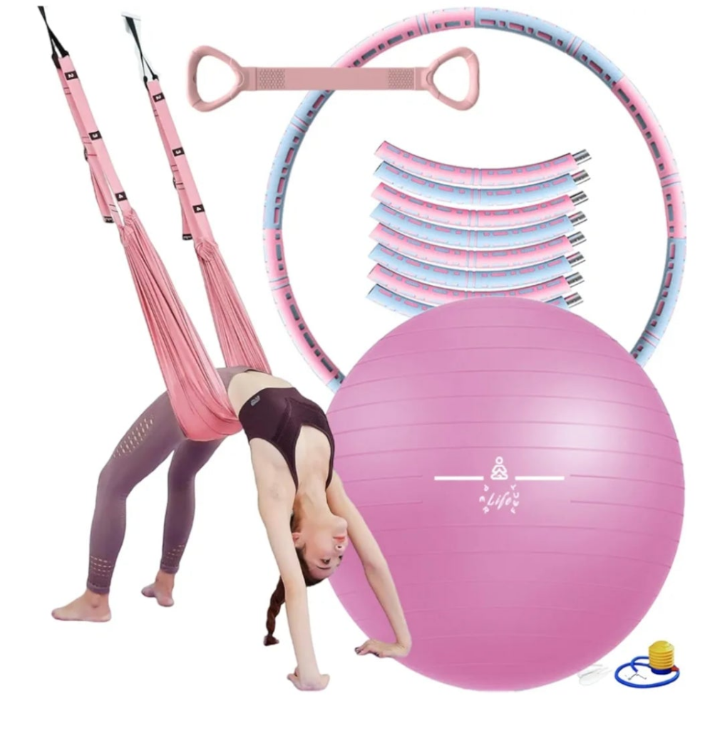 Yoga Set 4 in 1 Pilates Set. Anti-Burst and Slip Resistant Yoga Ball. Leg Stretcher Strap for Pilates. Free Weight Hula Hoop for Workout. Figure 8 Fitness Resistance Band