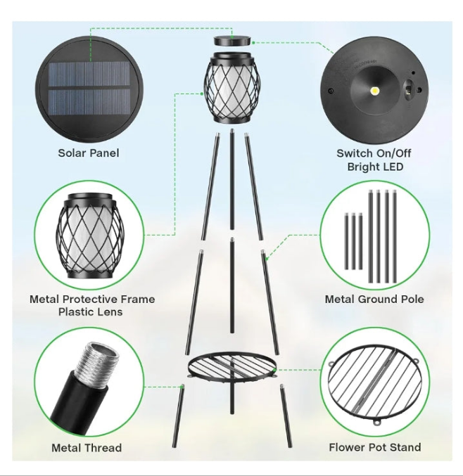 Solar Lights Outdoor Street Lights with Plant Stands 2 Pack, Solar Floor Lamp Metal Tripod Patio Lights for Garden Yard Pathway Driveway Front/Back Porch Decoration
