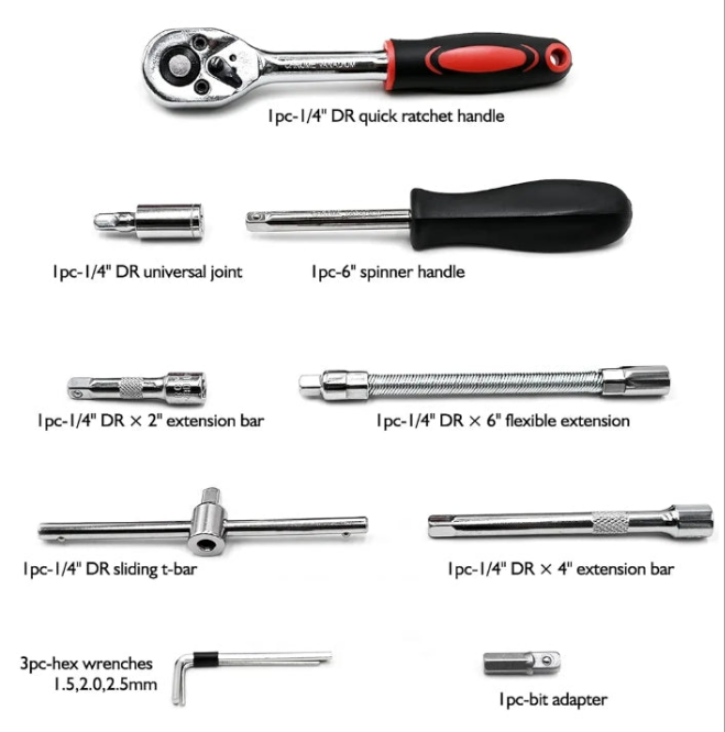 Egofine 46 Pieces 1/4 inch Drive Socket Ratchet Wrench Set, with Bit Socket Set Metric and Extension Bar for Auto Repairing and Household, with Storage Case