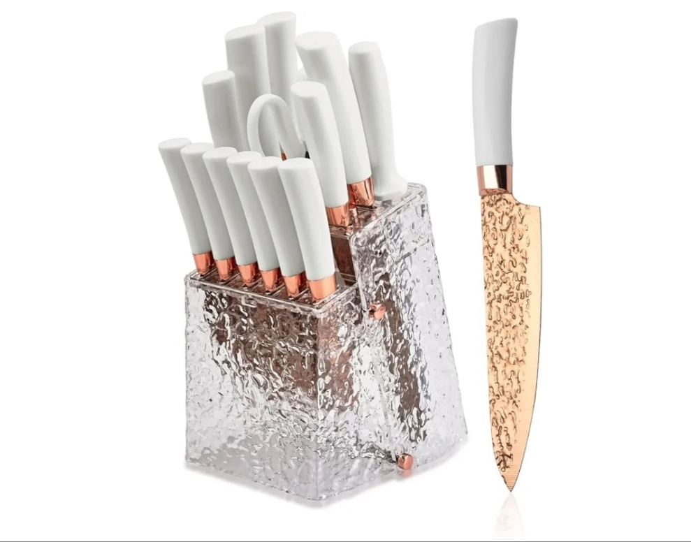 Kitchen Knife Set Non Stick Knives with Storage Serrated Steak Knife, Chef Knife, Bread Knife, Scissors, Sharpener, 14Pcs Sharp Cutlery Block Sets for Home & Pro Use Pearl White Handle Gold Blade
