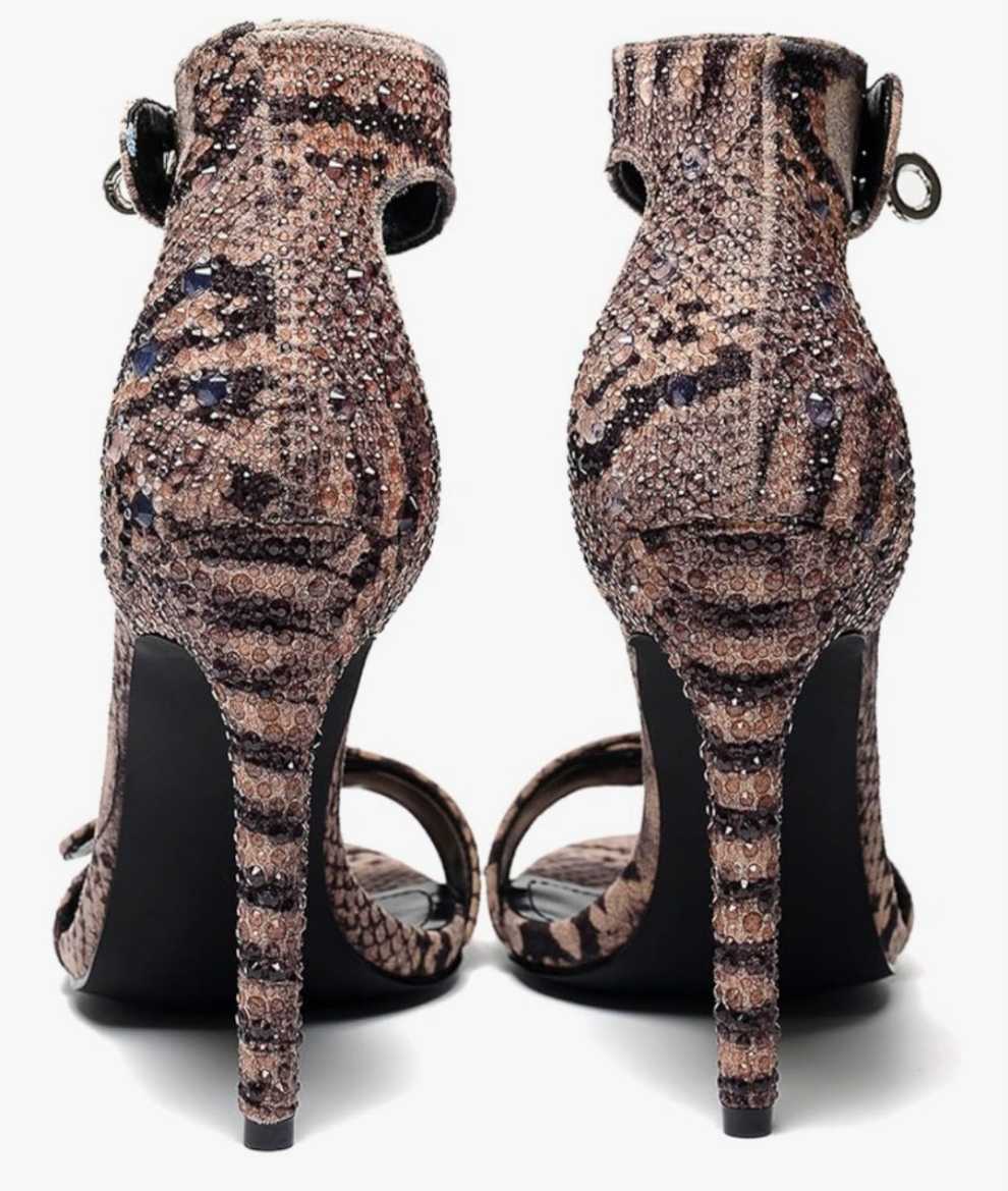 Snake Print Rhinestone Ankle Strap Stiletto Sandals Open Toe & Turn Lock Party/Wedding/Nightclub Shoes