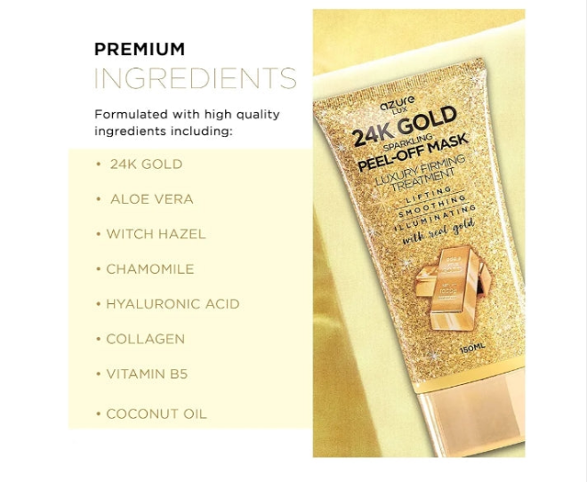 24K Gold Firming Peel Off Face Mask- Anti Aging, Lifting, Illuminating & Revitalizing - Removes Blackheads, Dirt & Oils - With Hyaluronic Acid and Collagen - Skin Care - 150mL