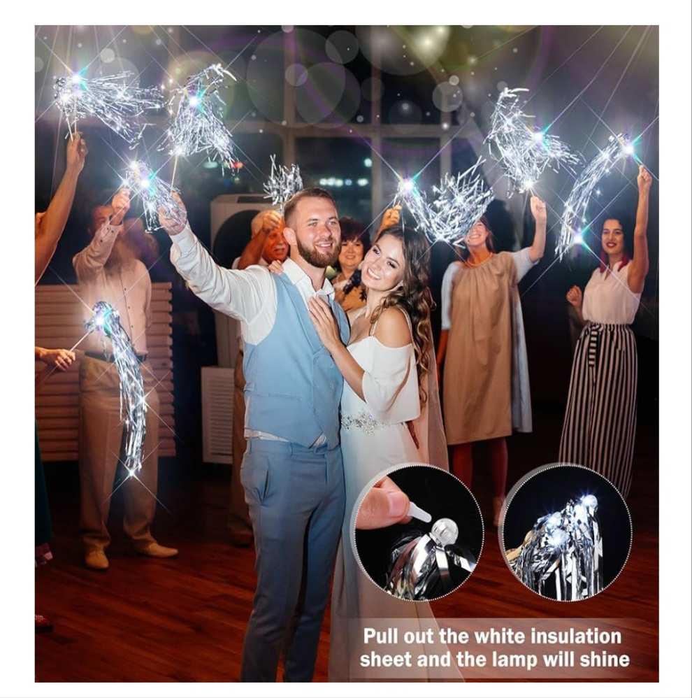 Lighted Wedding Wands LED Tinsel Wands Light up Streamers Sparklers for Wedding Send off and Exits Birthday Party Props Favors(