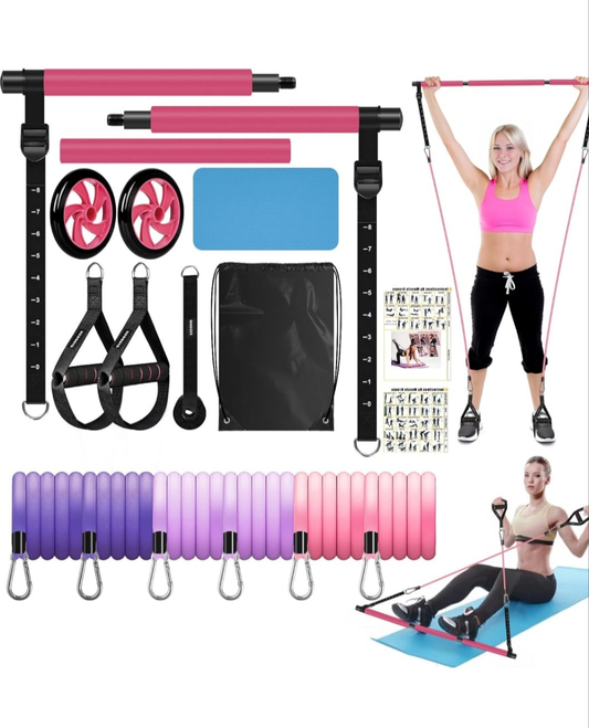 Pilates Bar Kit with Resistance Bands for Working Out, Pilates Equipment with Ab Roller for All Fitness Levels, Portable Home Gym Full Body Workout Equipment for Women&Men