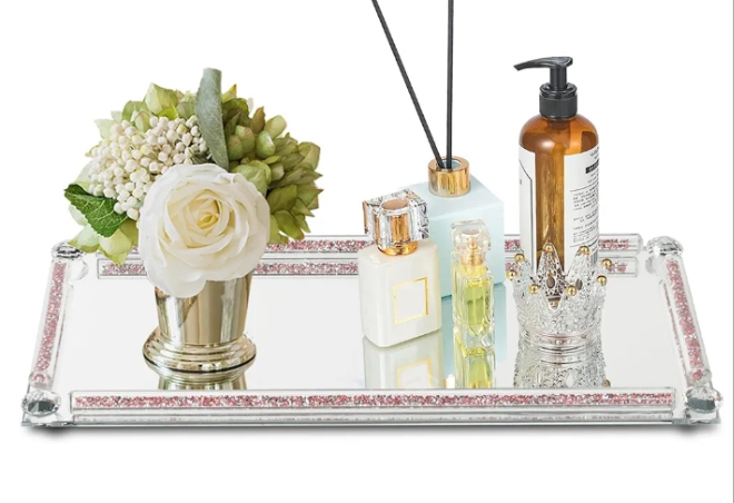 Mirror Crystal Perfume Tray,Crushed Diamond Filled Crystal Glass Tray,Cosmetic Makeup Vanity Tray,Jewelry Trinket Tray,Serving Tray for Home Decorative,Party,Hotel Banquet