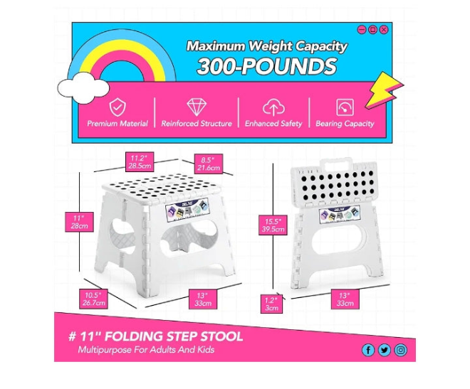 Folding Step Stool,11 Inch Non-Slip Foldable Step Stools for Kids and Adults,Portable Foldable Step Stool Lightweight Small Folding Stool with Handle for Kitchen Bathroom in White,1 Pack