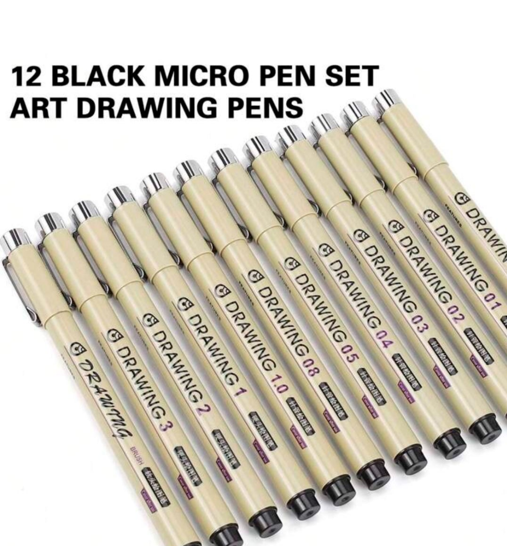 Micro Fine Line Drawing Art Pens: 12 Pieces Black Fine Line Waterproof Ink Set Artist Supplies Archival Ink Marker Pen Line Professional Sketch Outline Anime Sketch Watercolor material abs