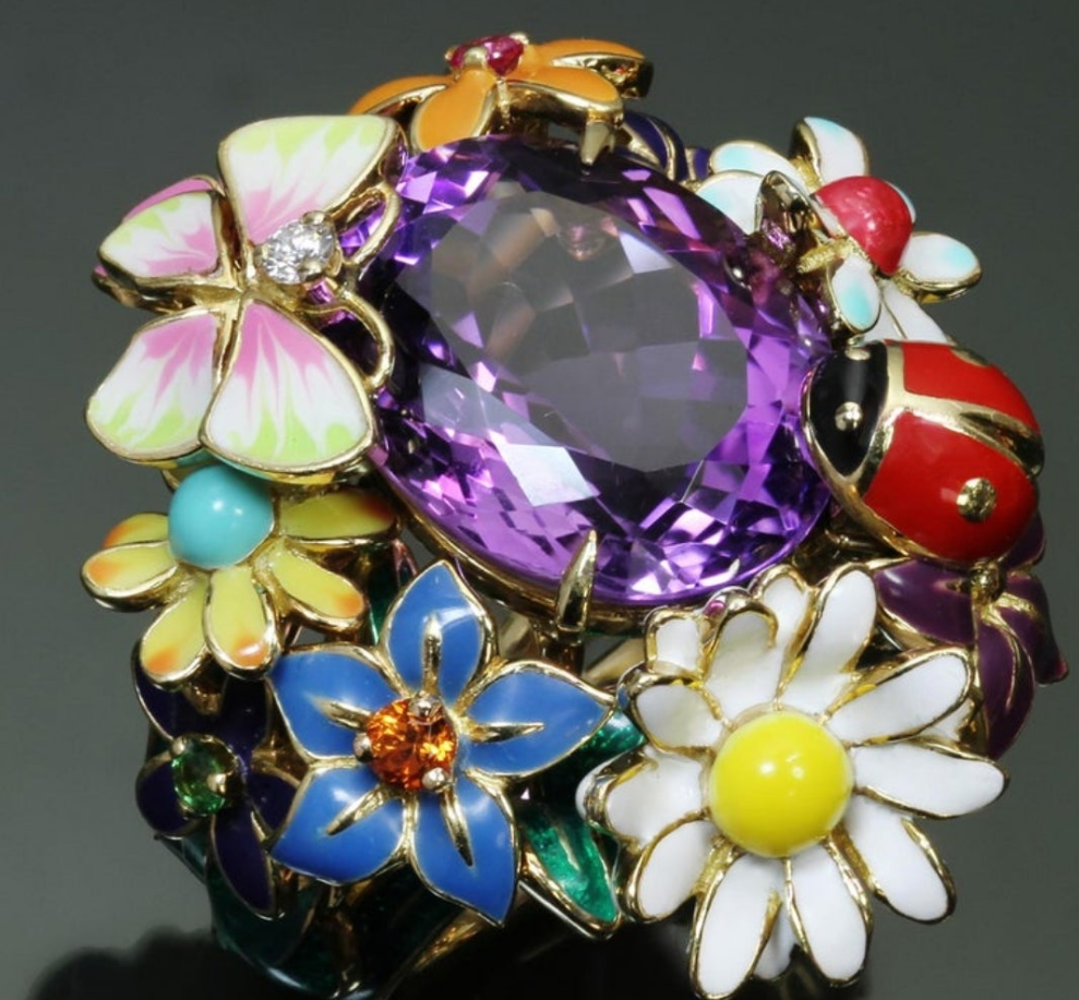 CHRISTIAN DIOR Diorette Amethyst Diamond Gemstone Yellow Gold Large Ring 19k White Gold