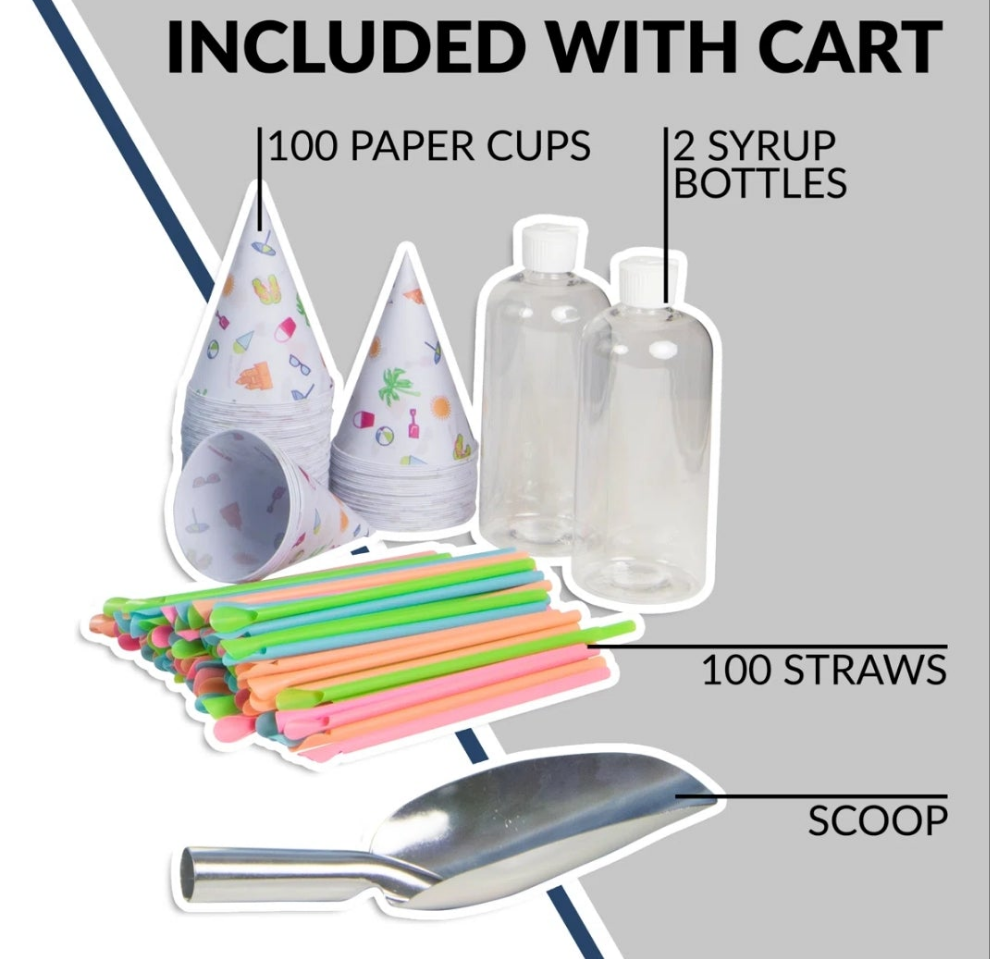 Tall Snow Cone Cart, Makes 72 Icy Treats, Includes Metal Scoop, 2 Syrup Bottles, 100 Paper Cups/Spoons, Storage Compartment, Wheels For Easy