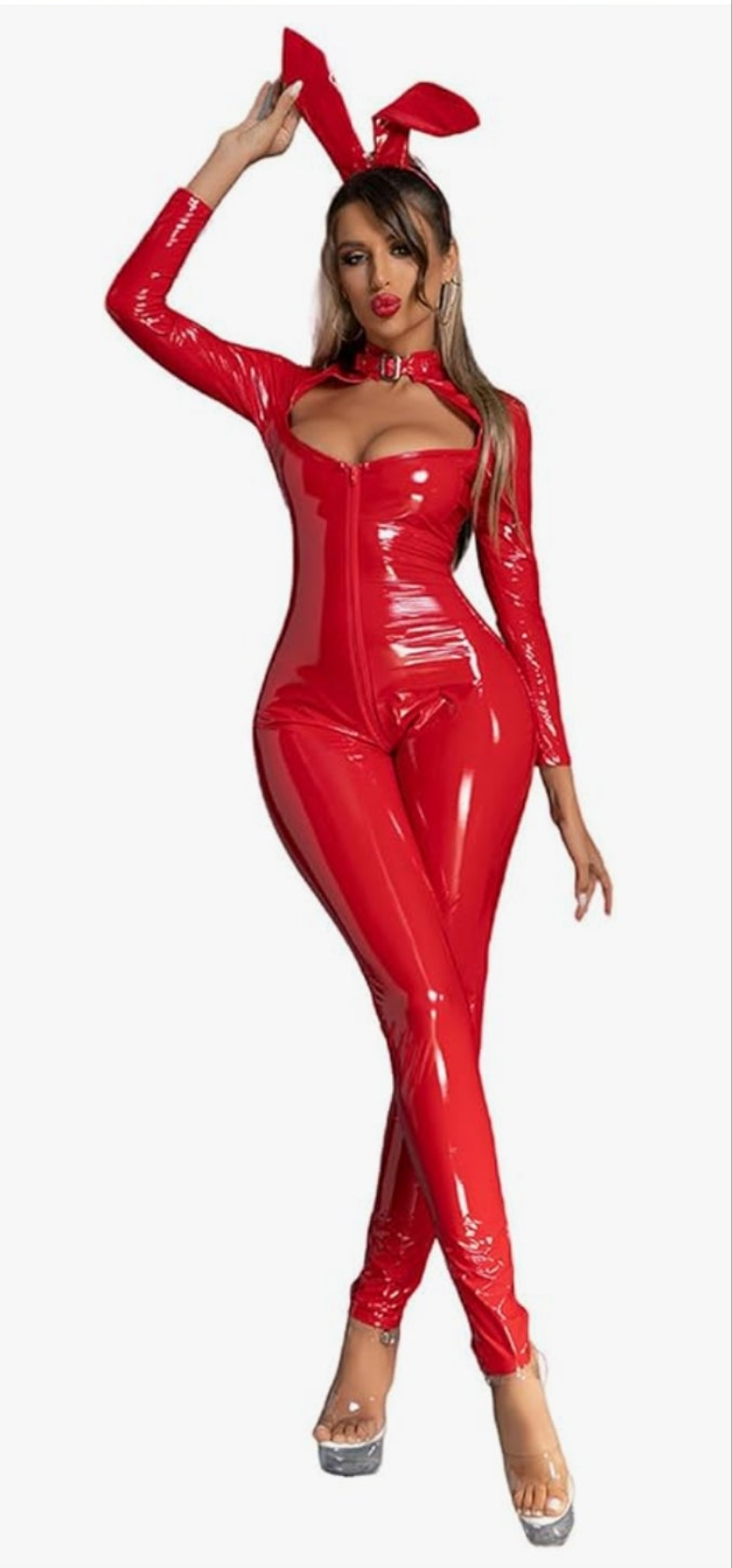 Metallic Leotard Zipper Front Faux Leather Bodysuit Jumpsuit with Headwear Pu Babydoll Lingerie Clubwear Cocomoney