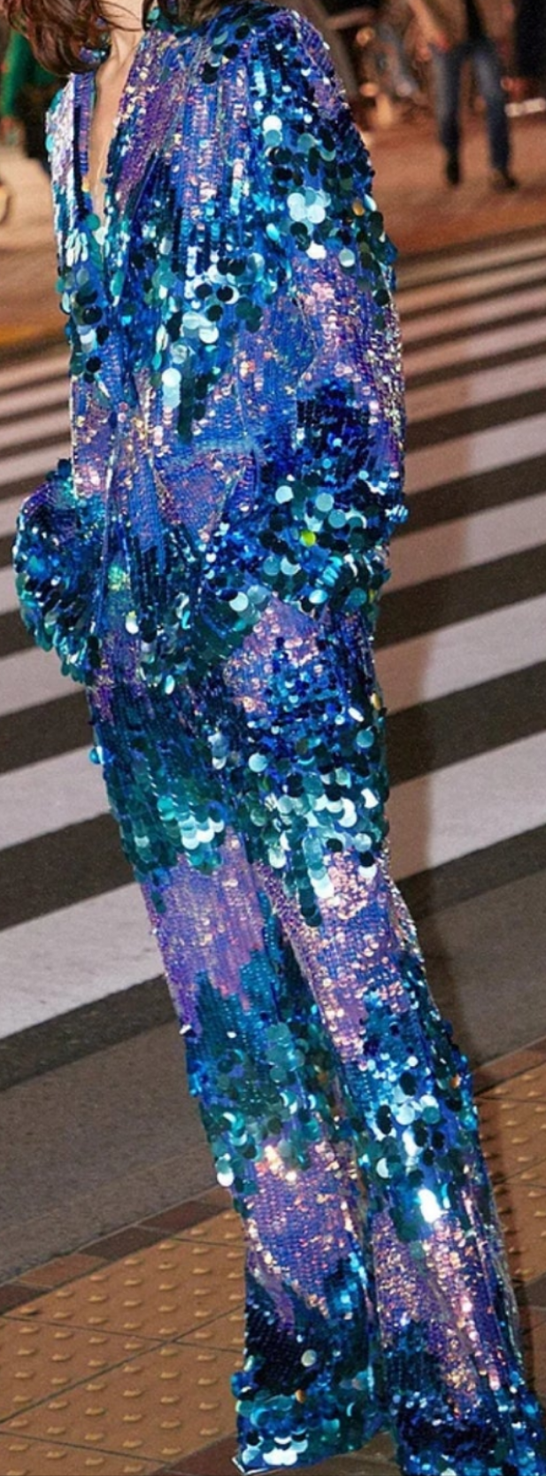 Colorblock Sequin Blazer Two Pieces Pant Set-Blue COCOMONEY